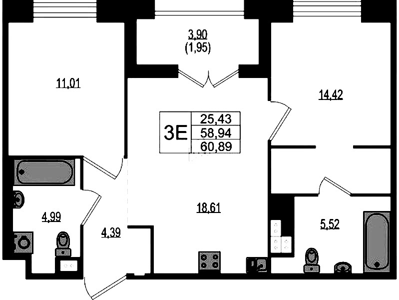 2-комнатная квартира 60.89 м², 2/4 эт., ЖК «Ranta Residence»